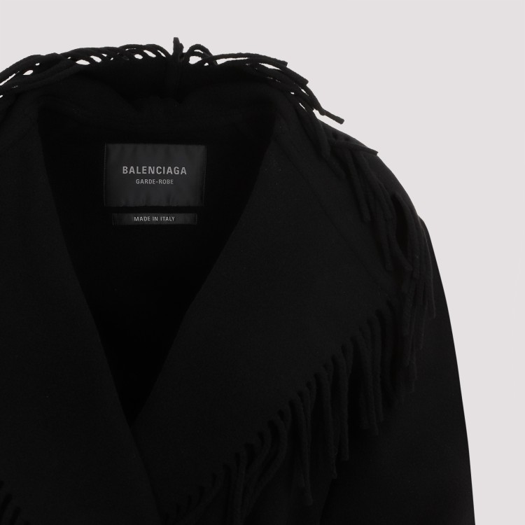 Balenciaga Hooded Fringe Oversized Self-tie Wool Jacket In Black