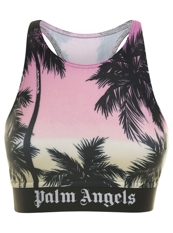 Shop Palm Angels Pink Sports Bra With All-over Graphic Print And Elastic Band In Stretch Fabric In Grey