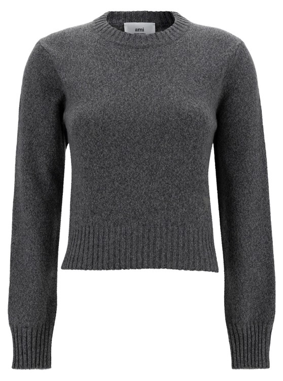 AMI ALEXANDRE MATTIUSSI GREY CREWNECK SWEATER WITH TONAL ADC LOGO PATCH IN CASHMERE AND WOOL