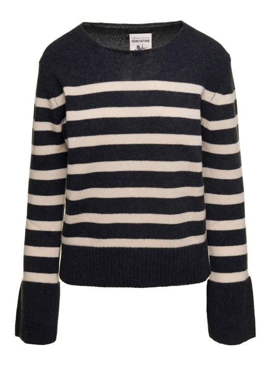 Semi-couture Grey Striped Sweater With Wide Crewneck And Long Sleeves In Wool In Black