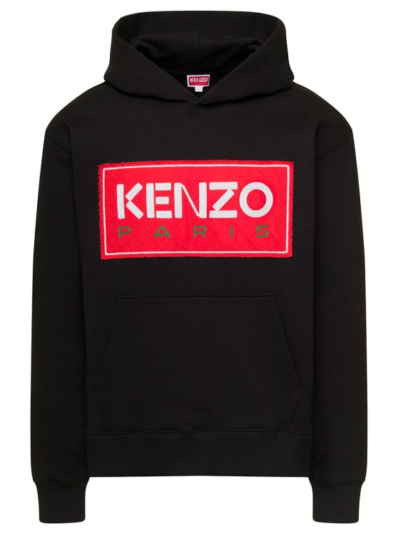 KENZO BLACK HOODIE WITH LOGO PRINT IN COTTON STRETCH