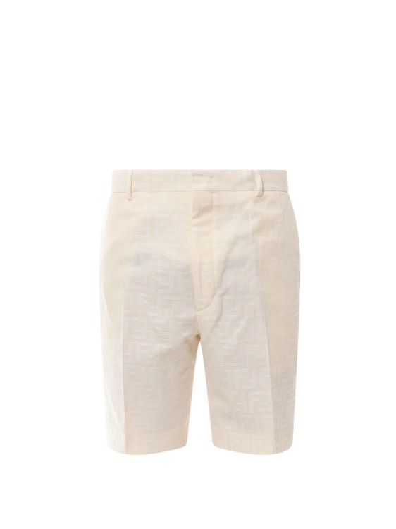FENDI COTTON AND LINEN BLEND BERMUDA SHORTS WITH ALL-OVER FF MOTIF
