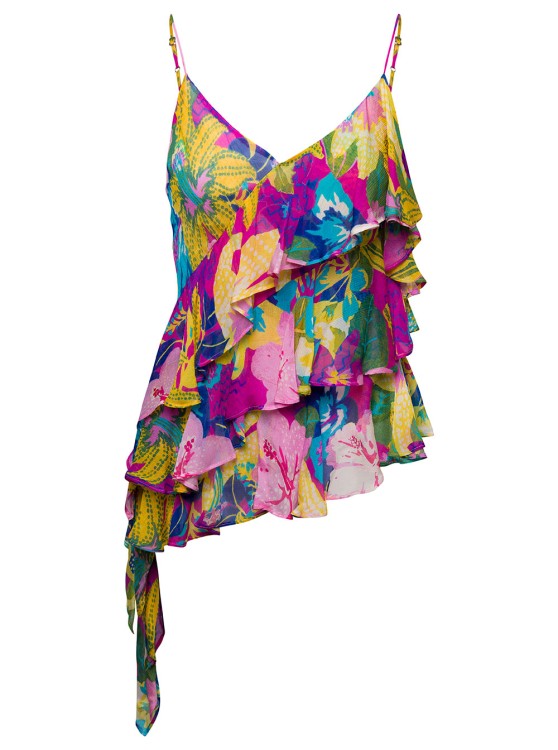 Shop Msgm Multicolor Asymmetric Ruffled Top With Graphic Print In Viscose In Pink