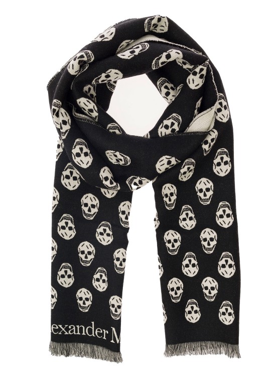 Shop Alexander Mcqueen Black Scarf With All-over Skull Motif In Wool