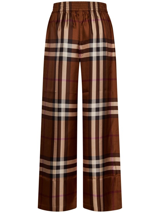 Shop Burberry Dark Birch Brown Check-motif Silk Trousers