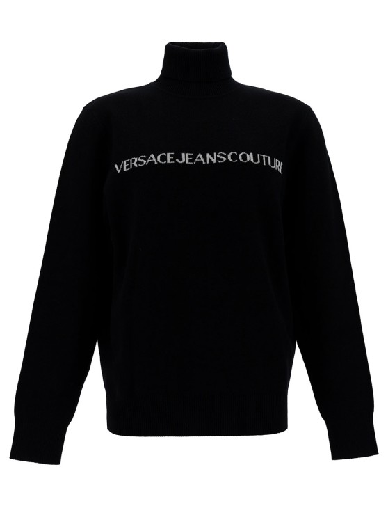 Shop Versace Jeans Couture Black Turtleneck With Contrasting Logo Lettering In Cotton And Cashmere