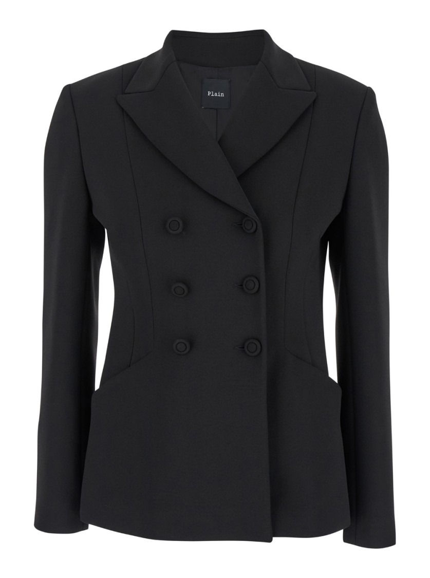 Shop Plain Black Double-breasted Jacket With Peak Revers In Fabric