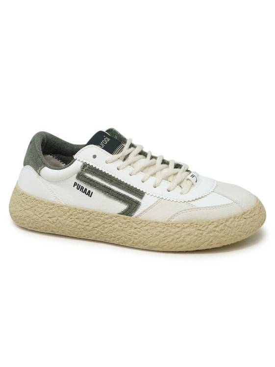 Shop Puraai Classic White And Green Vegan Leather Sneakers In Grey
