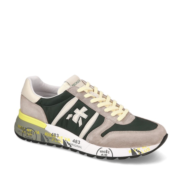Shop Premiata Lander Sneakers In Sand Suede And Green Technical Fabric In Multicolor