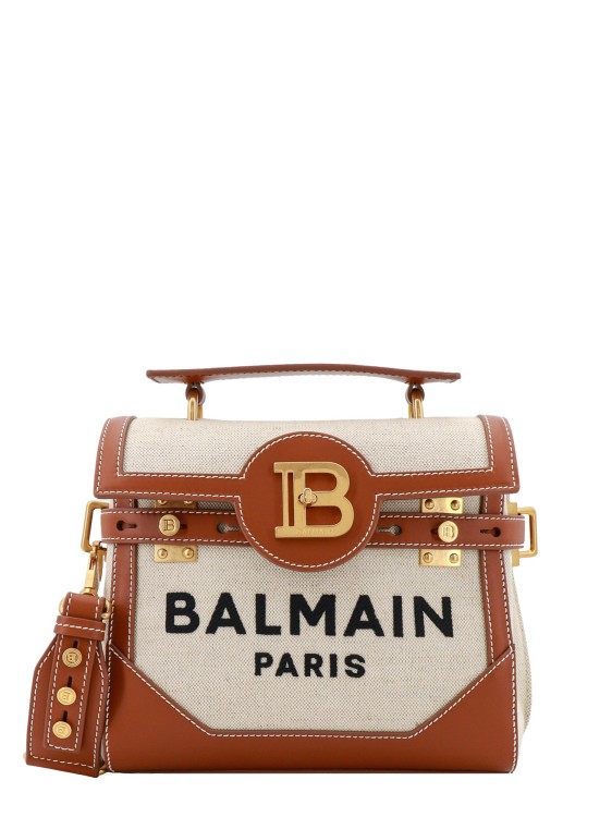 Balmain Canvas And Leather Shoulder Bag With Frontal Monogram In Neutrals