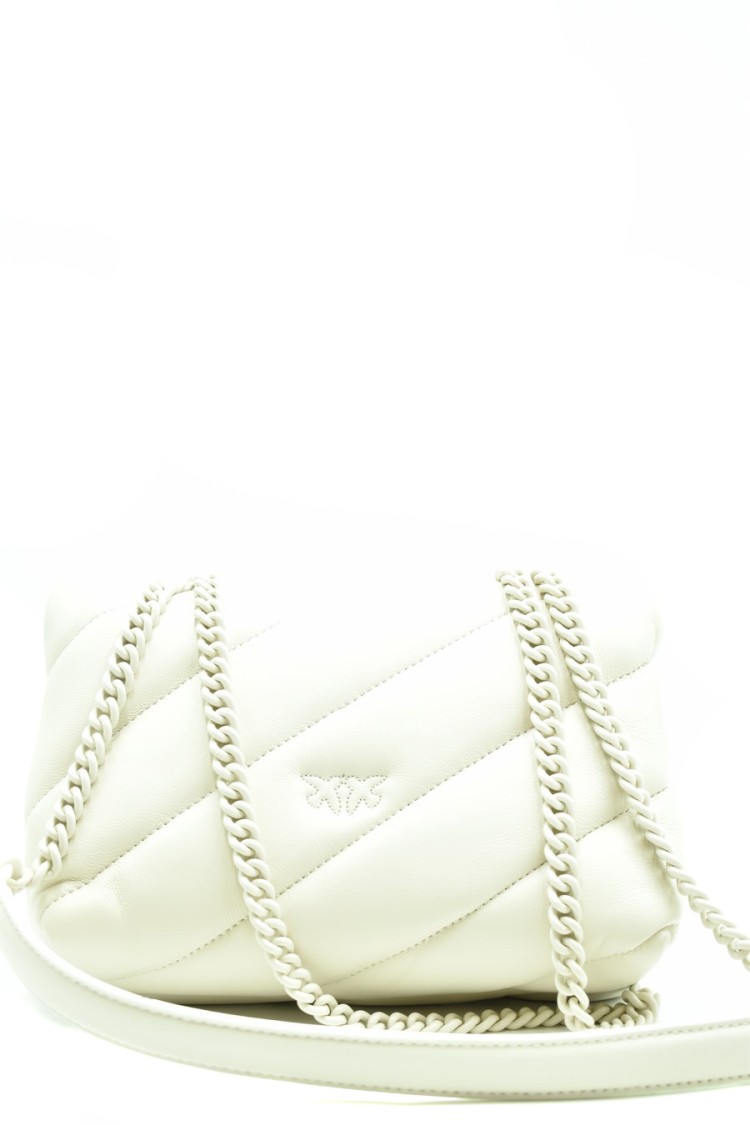 Pinko Leather Shoulder Bag With Intricate Design And Chain Strap In White