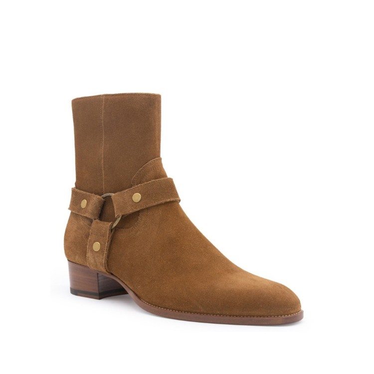 Shop Saint Laurent Wyatt Harness Ankle Boots In Brown