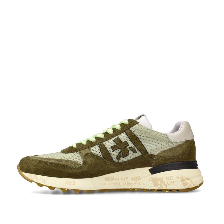 Shop Premiata Landeck Sneakers In Green Suede And Natural Mesh Fabric