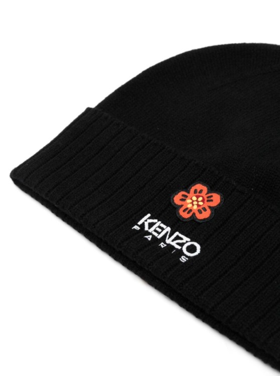 Shop Kenzo Black Beanie With Ribbed Hem And Contrasting Logo In Wool