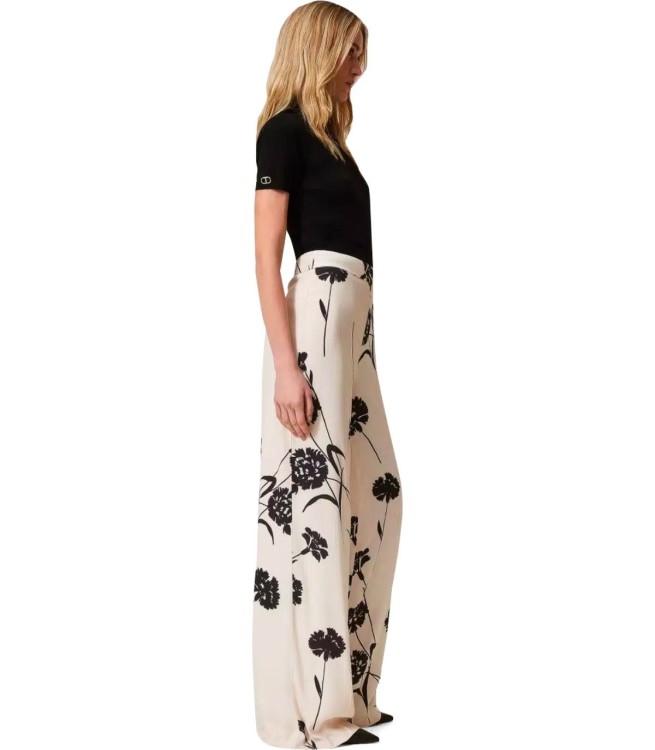 Shop Twinset Cream Floral Wide Leg Trousers In Neutrals