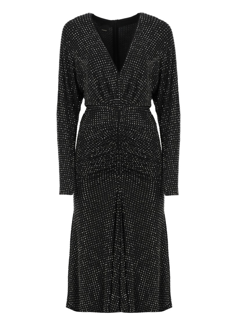 Pinko Full Rhinestone Jersey Midi Dress In Black