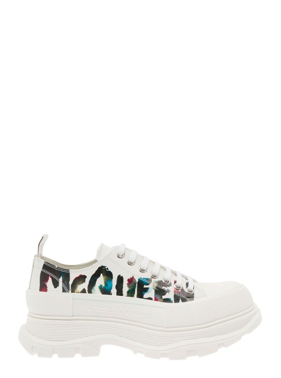 Shop Alexander Mcqueen White 'tread Slick' Sneakers With Graffiti Logo Print In Calf Leather