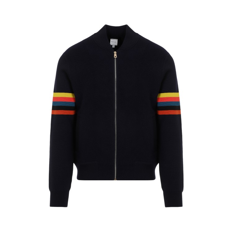 Shop Paul Smith Knitted Dark Navy Wool Bomber Jacket In Black