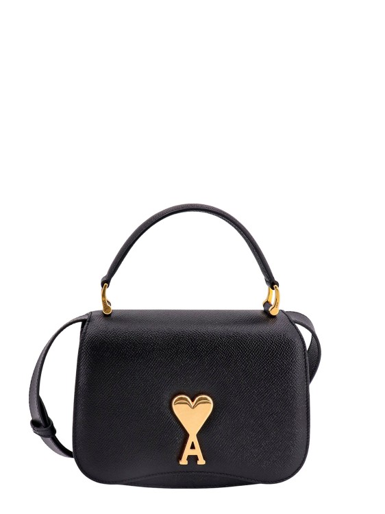 Shop Ami Alexandre Mattiussi Leather Shoulder Bag With Metal Logo Patch In Black