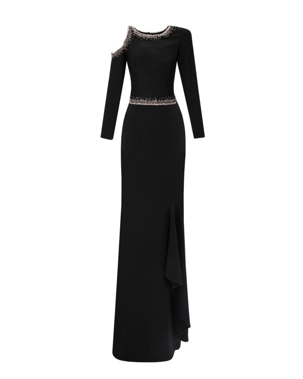 Gemy Maalouf Long Sleeves Beaded Top With Skirt - Sets In Black