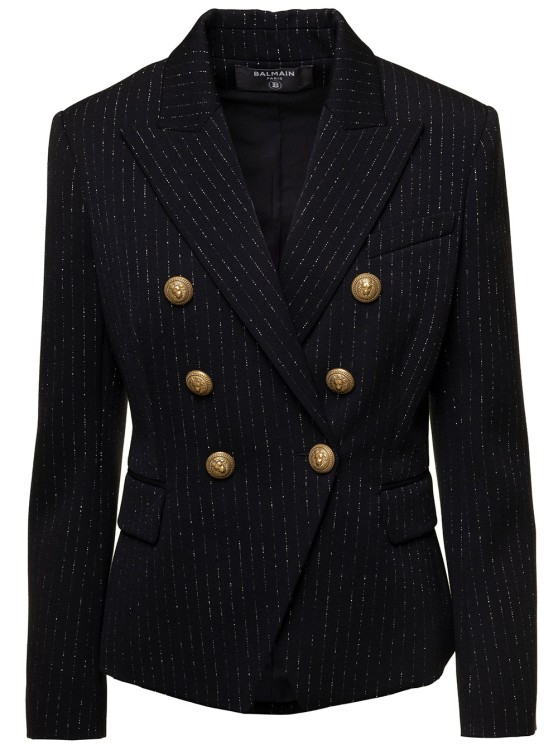 Shop Balmain Black Double-breasted Jacket With Lurex Details And Jewel Buttons In Wool