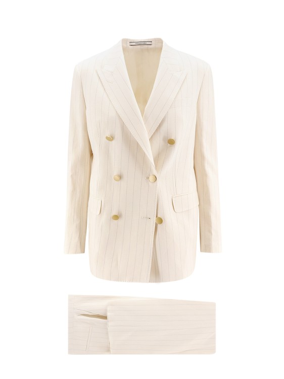 Shop Tagliatore Cotton And Linen Blend Suit With Peak Lapels In Neutrals