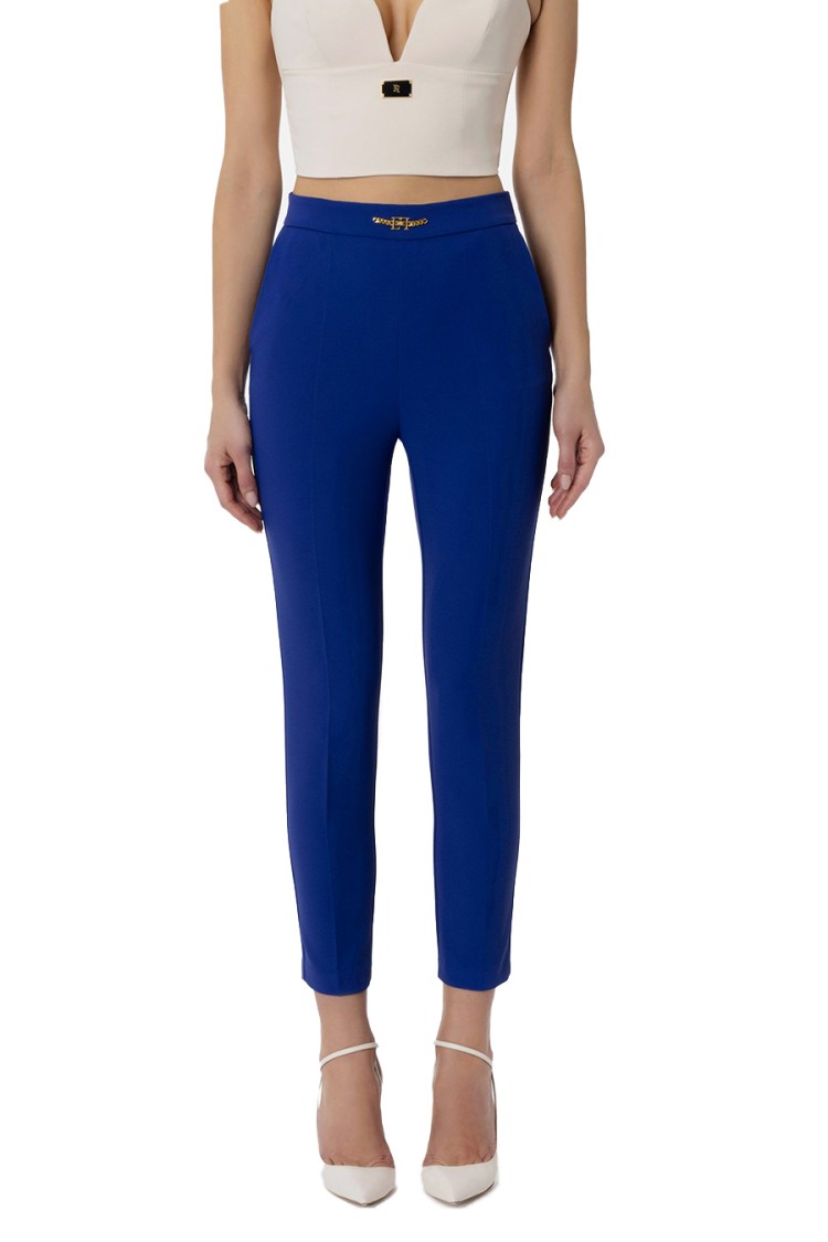 Shop Elisabetta Franchi Tailored Trousers With Elegant Gold Accent And Luxurious Fabric Blend In Blue