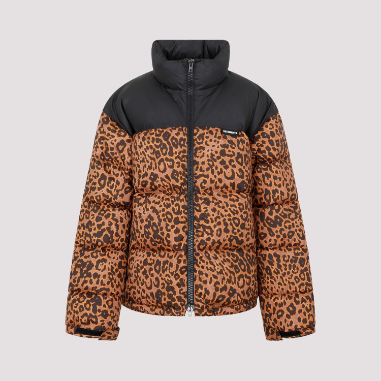 Shop Vetements Leopard Logo Puffer Jacket In Brown