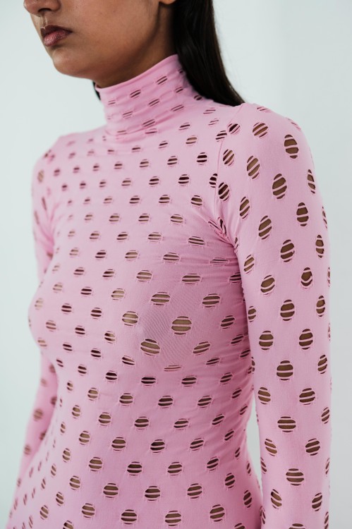 Shop Maisie Wilen Perforated Turtleneck Dress In Pink
