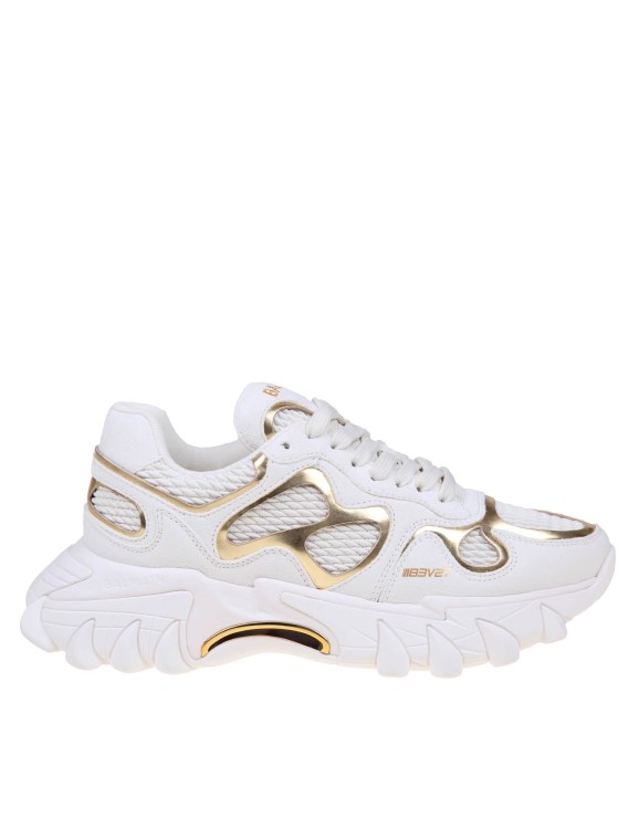 Shop Balmain B-east Sneakers In White And Gold Suede And Leather