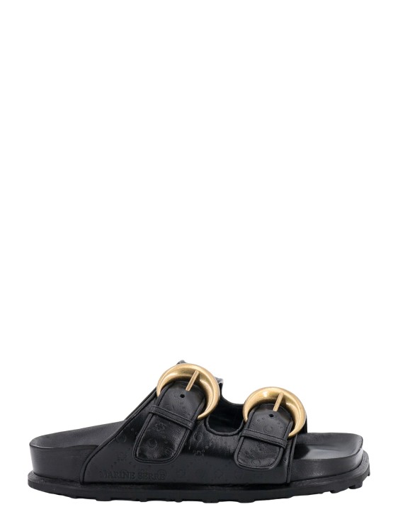 Marine Serre Black Logo Debossed Leather Sandals In Black