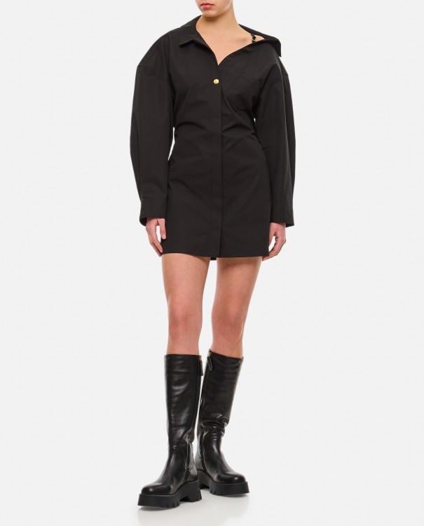 Shop Jacquemus Asymmetric Shoulder Long Sleeve Shirt Dress In Black