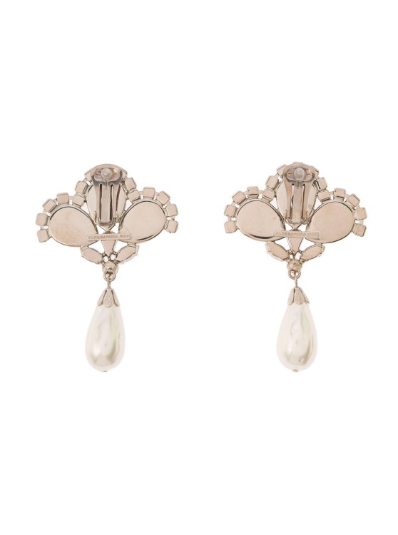 Shop Alessandra Rich Silver-colored Clip-on Crystal Earrings With Pendant Pearl In Hypoallergenic Brass