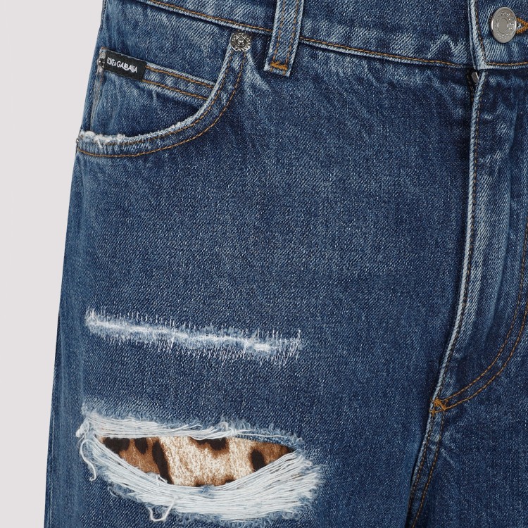 Dolce & Gabbana Distressed Jeans With Leo Print In Blue