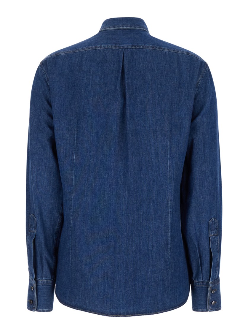 Brunello Cucinelli Blue Long Sleeve Shirt With Patch Pocket In Denim Woman In Blue