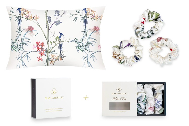 Mayfairsilk Hummingbird Silk Pillowcase + Scrunchies Gift Set In White