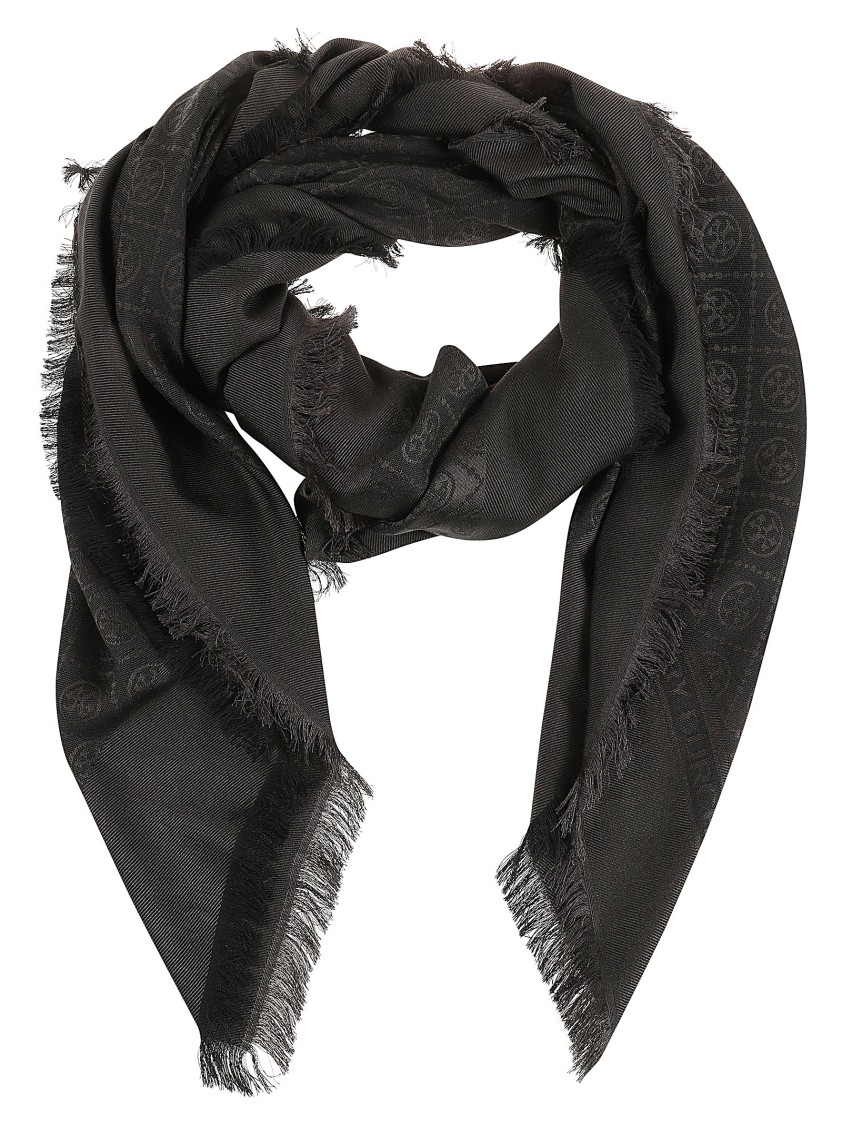 Tory Burch Scarf With Jacquard Motif Fringes In Black