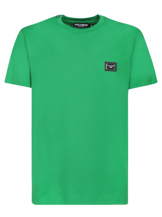 DOLCE & GABBANA GREEN COTTON T-SHIRT WITH SILVER PLAQUE LOGO