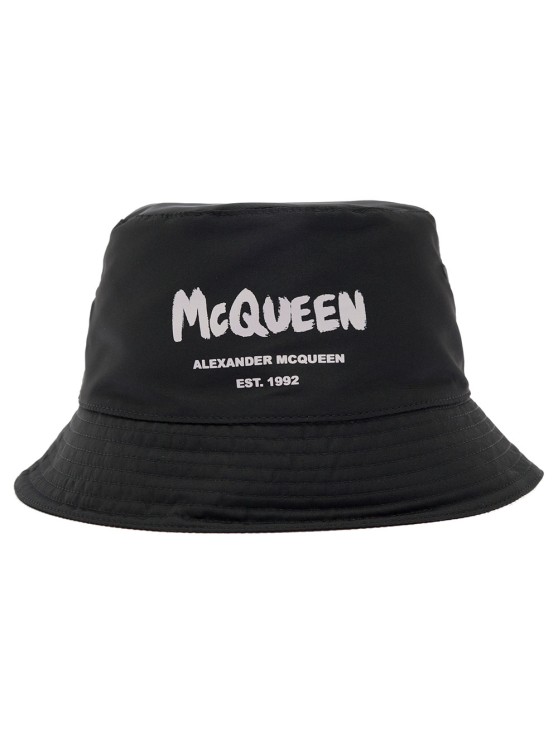 Shop Alexander Mcqueen Black Bucket Hat With Tonal Graffiti Logo In Polyester