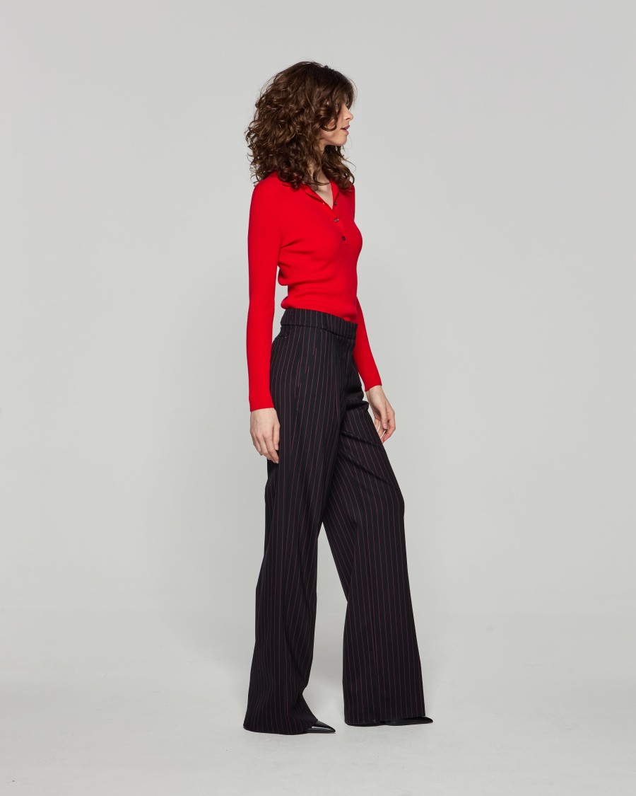 Serena Bute Wool Pinstripe Pleated Trouser - Black/pink In Black