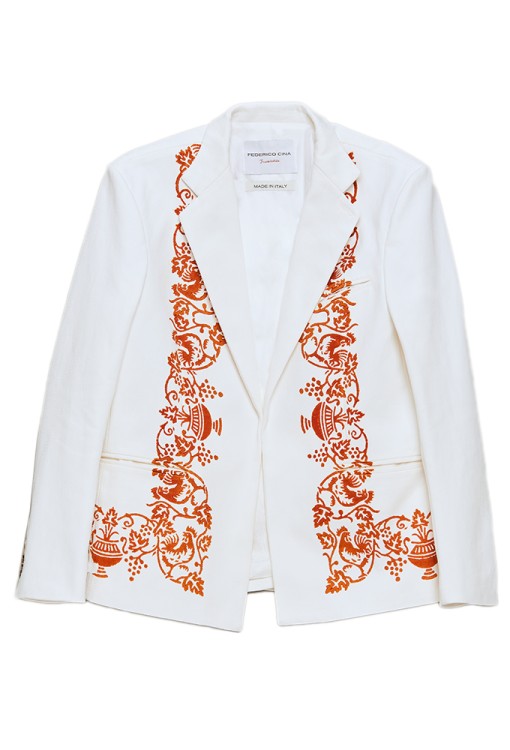 Federico Cina La Caveja' Buttonless Suit Jacket. Print: La Tradizionale In White