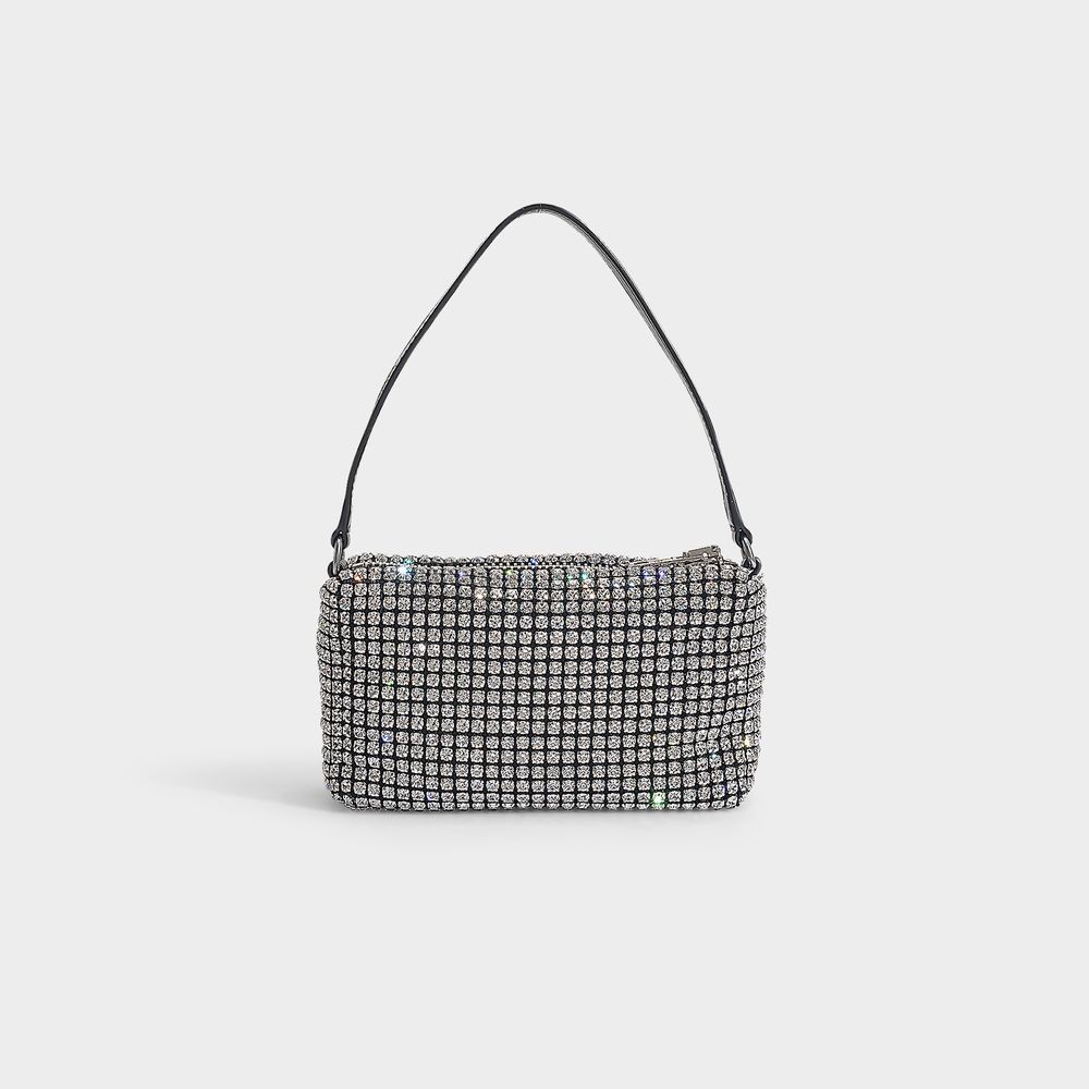 Alexander Wang Medium Heiress Shoulder Bag In Metallic Mesh With Crystal Rhinestones In Grey