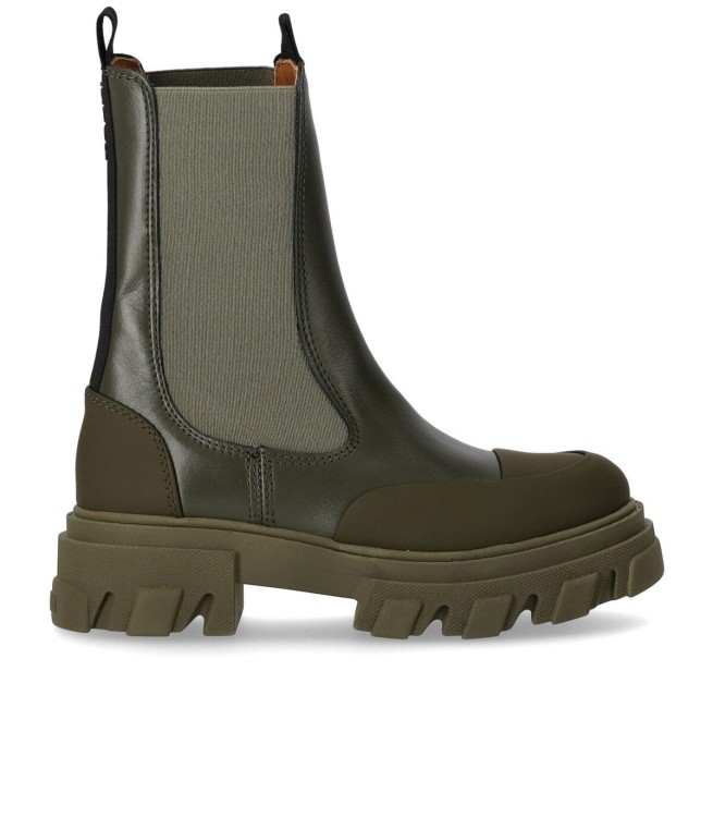 Ganni Combat Boots In Green Leather In Grey