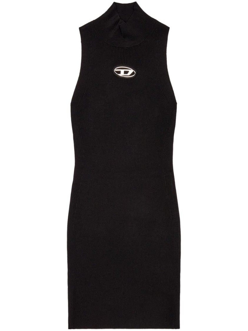 Shop Diesel Sleeveless Ribbed Dress With High Neck And Iconic Logo Detail In Black