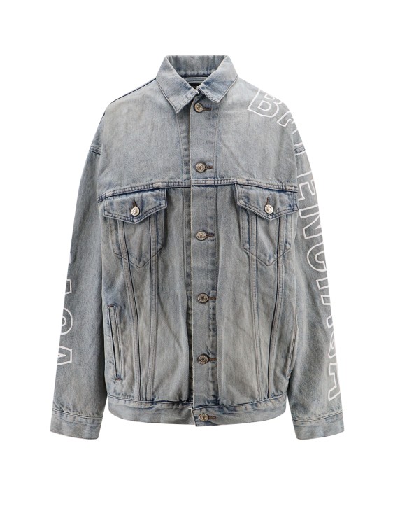 Shop Balenciaga Large Fit Denim Jacket With Embroidery In Blue