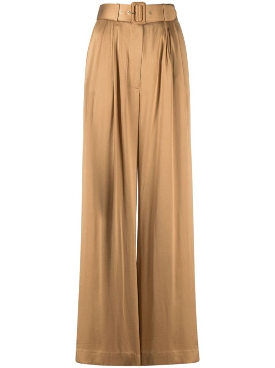 Zimmermann Belted Pleated Silk-satin Wide-leg Pants In Brown