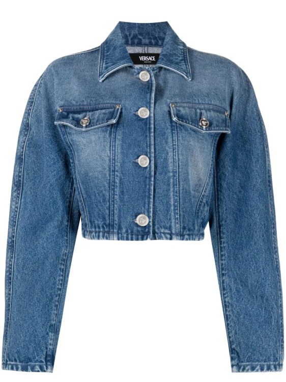 Shop Versace Blue Verasce Rounded Denim Jacket