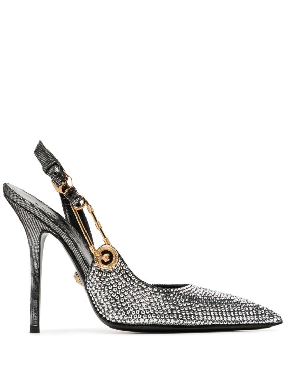 Shop Versace Black Crystal Safety Pin Shoes In Grey