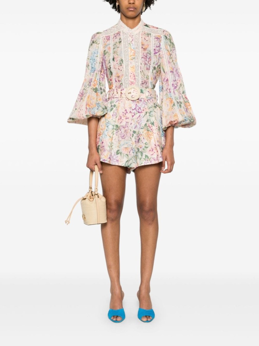 Shop Zimmermann Multicolor Belted Shorts With All-over Floral Print In Linen In Neutrals