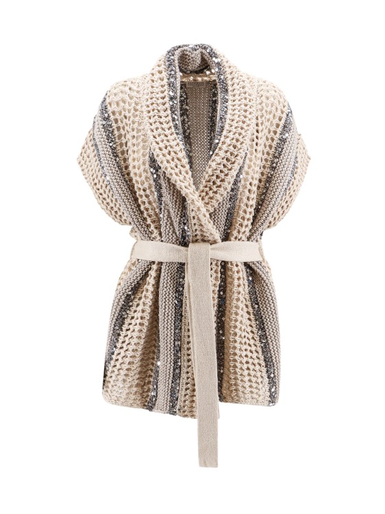 Shop Brunello Cucinelli Jute And Cotton Cardigan With Sequins In Neutrals